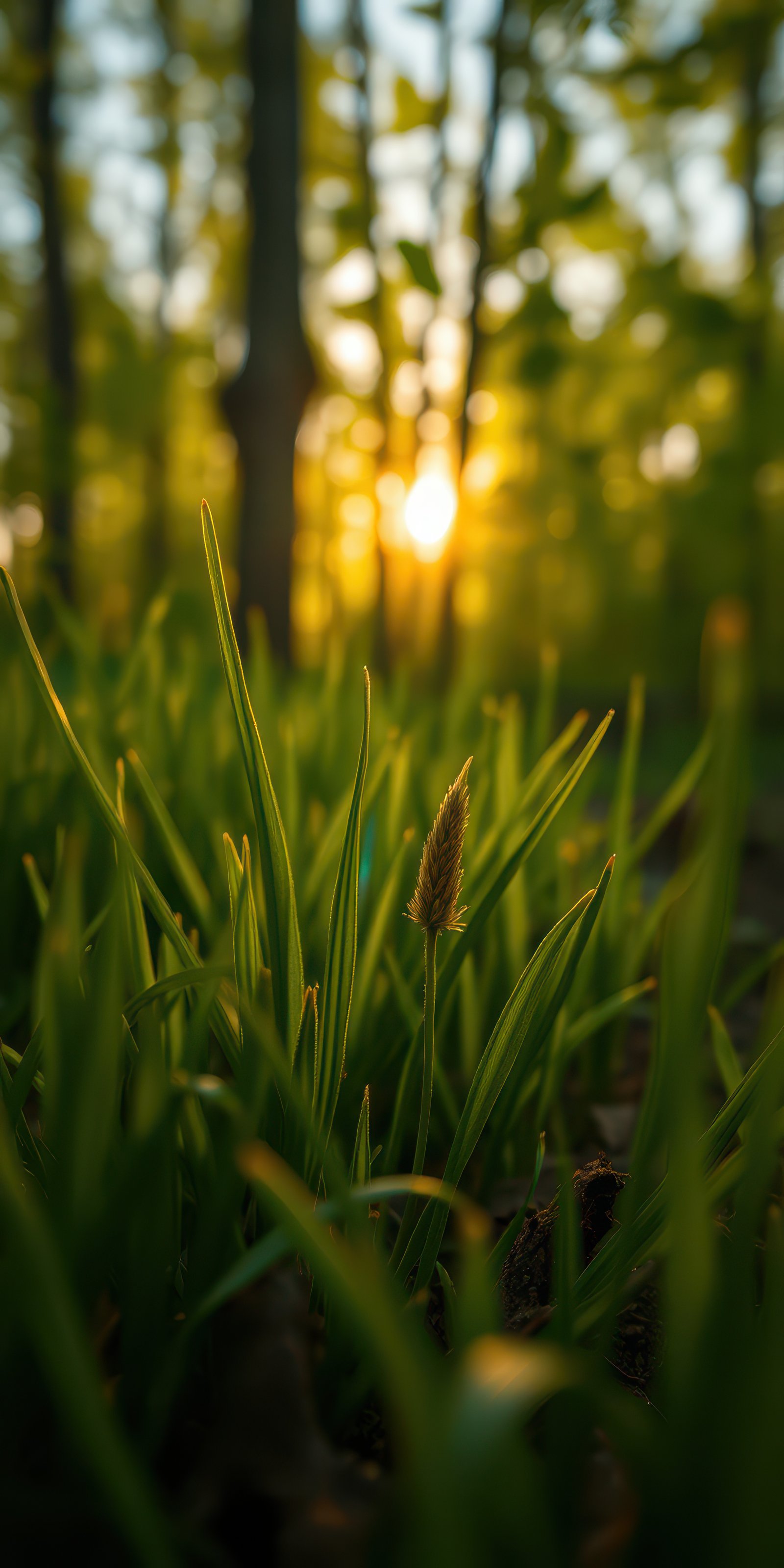 Sunlight filters through trees highlighting fresh grass in a serene forest at dawn